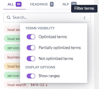 Filtering Terms by Visibility in Surfer's Content Editor