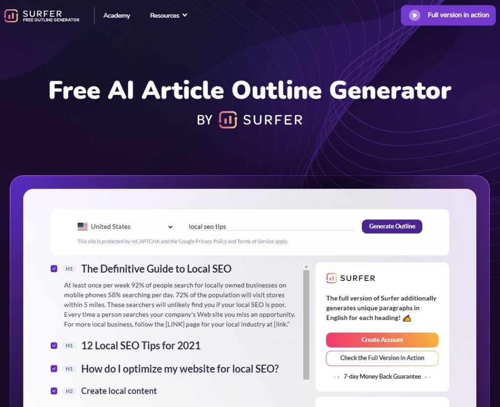 Free AI Article Outline Generator by Surfer