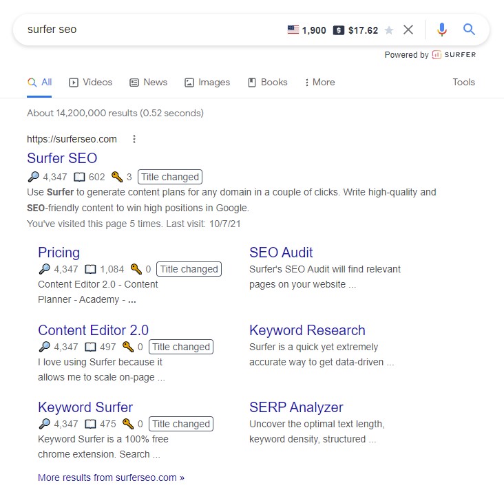 Example of Data Displayed by Keyword Surfer in Google's Search Results