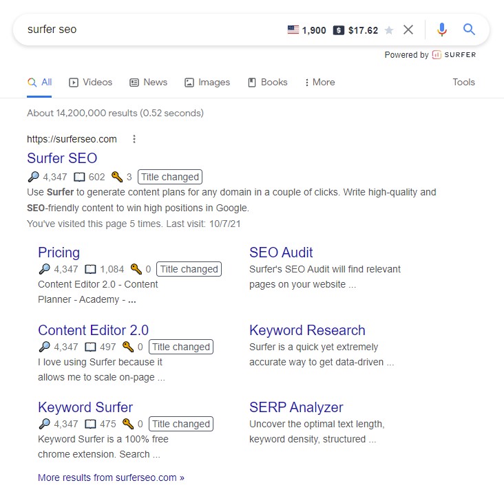 Example of Data Displayed by Keyword Surfer in Google's Search Results Example of Data Displayed by Keyword Surfer in Google's Search Results