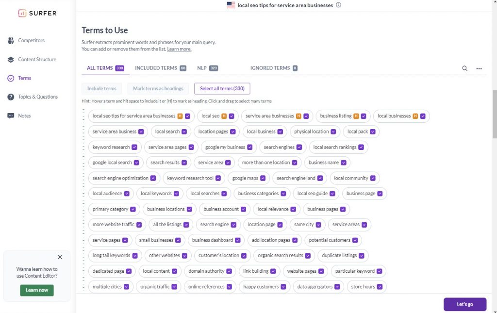 Suggested Terms to Use Based on Surfer's Competitor Analysis