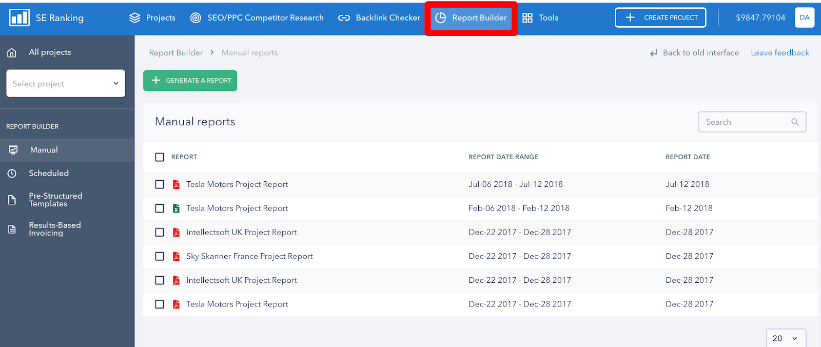 Finding the Report Builder in SE Ranking