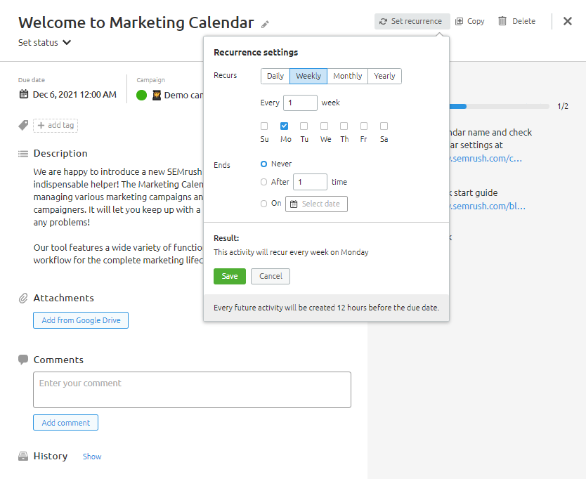 A Marketing Calendar Activity with Tasks & Recurring Settings in Semrush