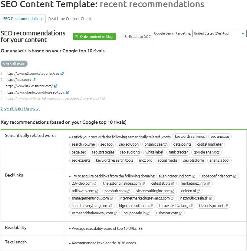 Example Recommendations from Semrush's SEO Content Template Tool