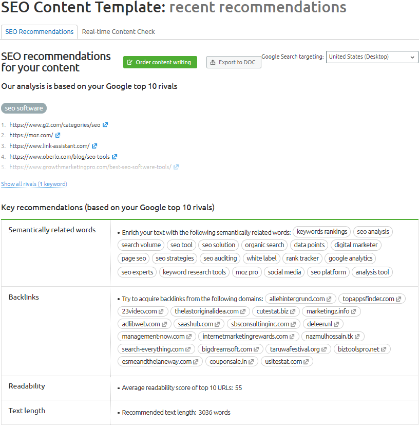 Example Recommendations from Semrush's SEO Content Template Tool Example Recommendations from Semrush's SEO Content Template Tool