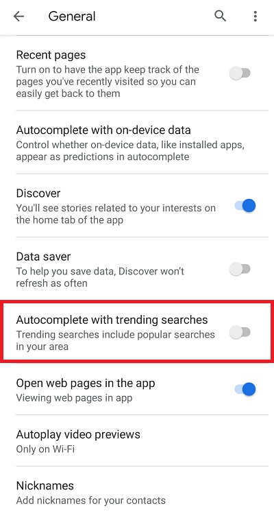 Disabling "Autocomplete with trending searches" in Google App