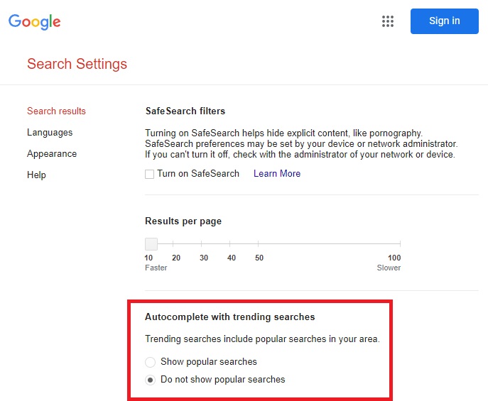 Google Search settings with "Do not show popular searches" enabled