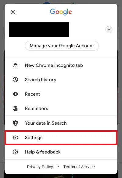 Locating "Settings" in the Google App