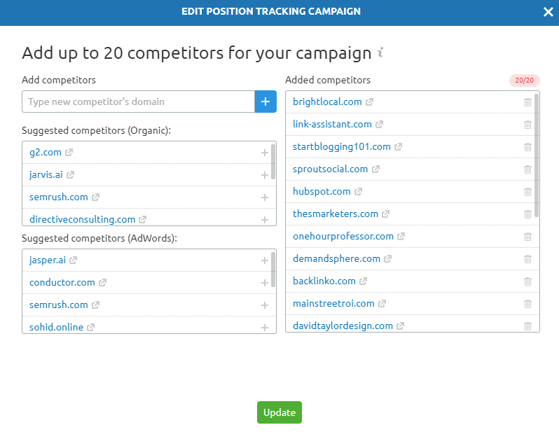 Competitor Settings for Semrush's Position Tracking Tool