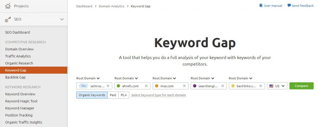 Setting Up Competitors to Compare with Semrush's Keyword Gap Tool