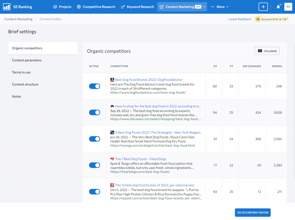 SE Ranking Content Editor Brief Settings Organic Competitors