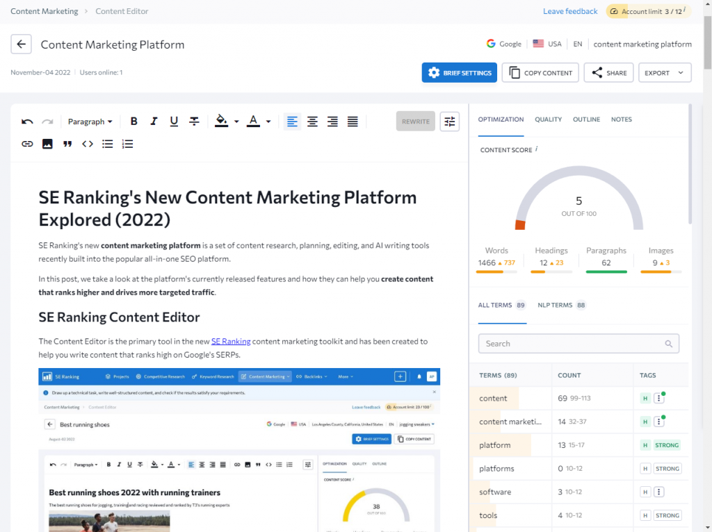 SE Ranking Content Editor Example
