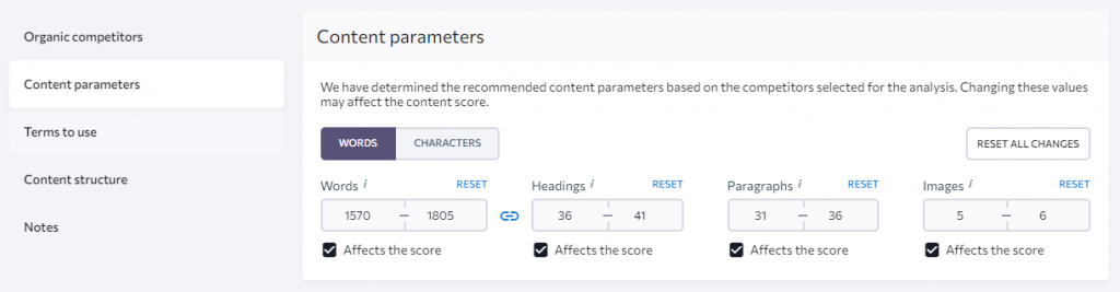 Content Parameters in the SE Ranking Content Editor's Brief Settings