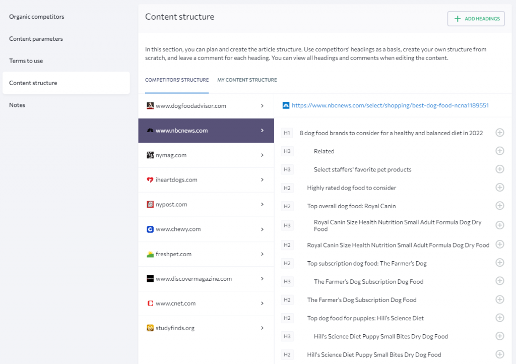 Content Structure in the Brief Settings of SE Ranking's Content Editor