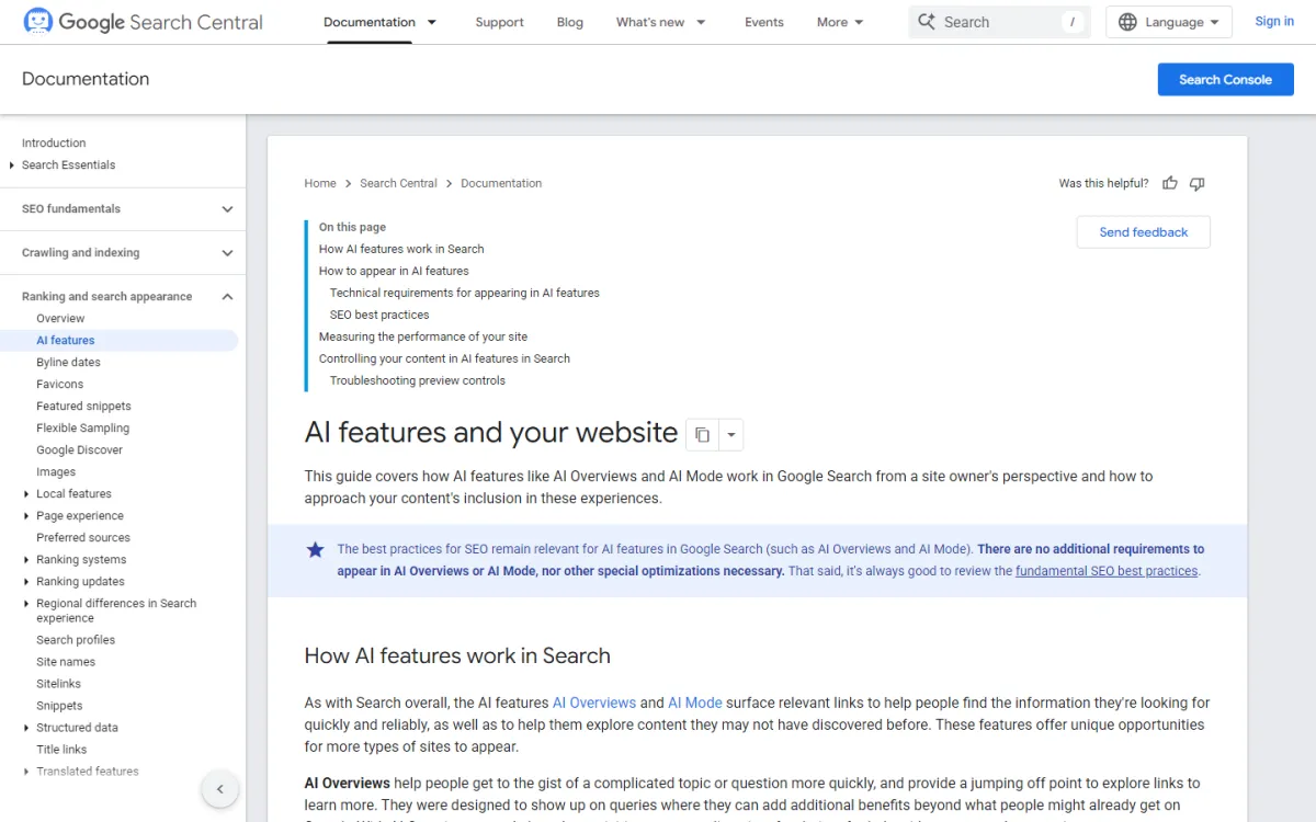 Google Search Central AI features documentation covering AI Overviews and AI Mode