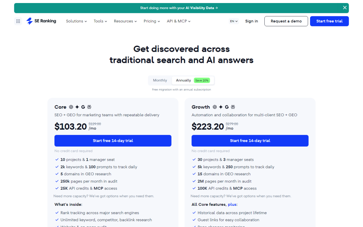 SE Ranking Pricing Plans: Subscription Tiers Explained (2026) - SE Ranking Pricing (2026): Core, Growth & Enterprise Plans