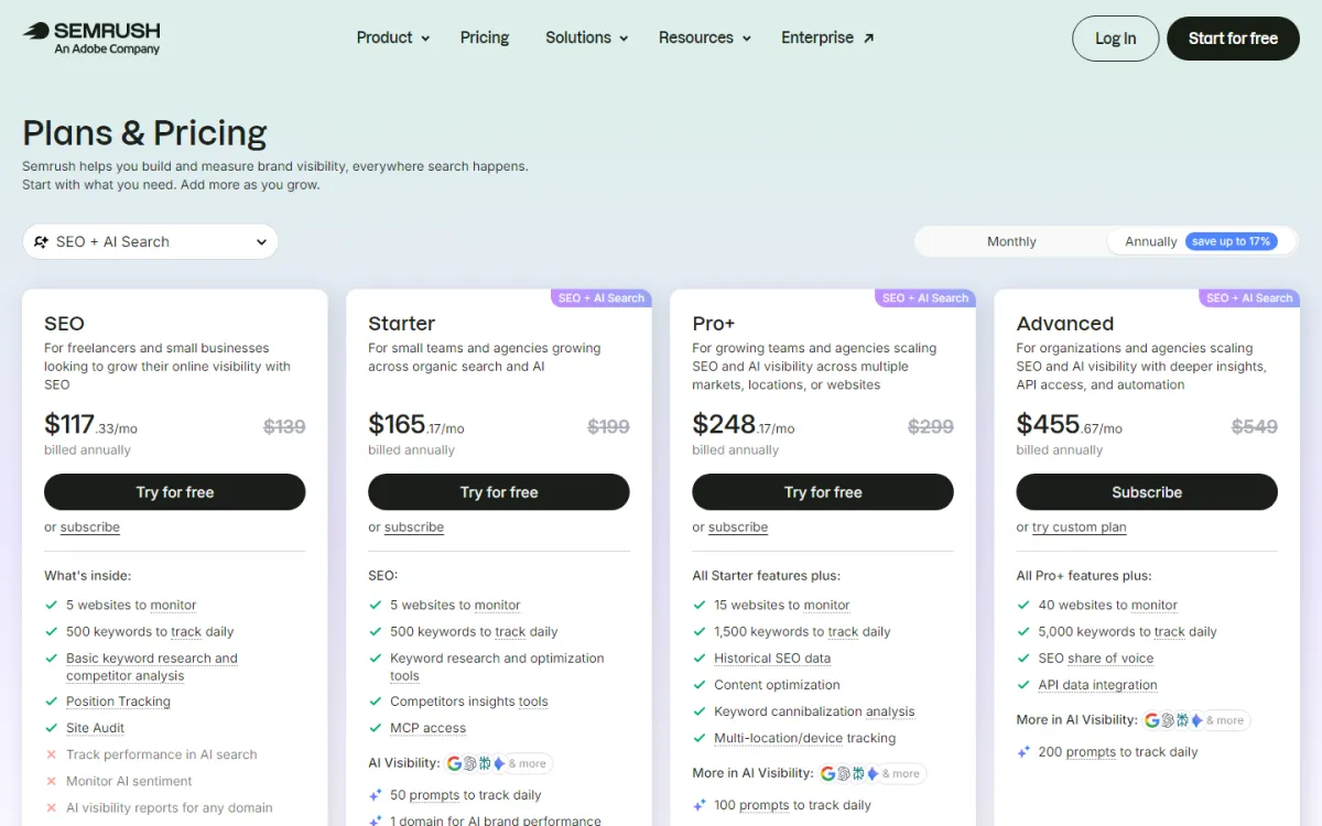 Semrush pricing page showing Semrush One and SEO plan cards